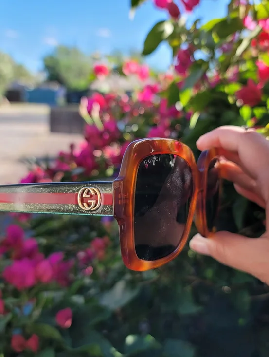 Gucci Women’s Tortoise Frame Sunglasses with Signature Stripe - Picture 1 of 11